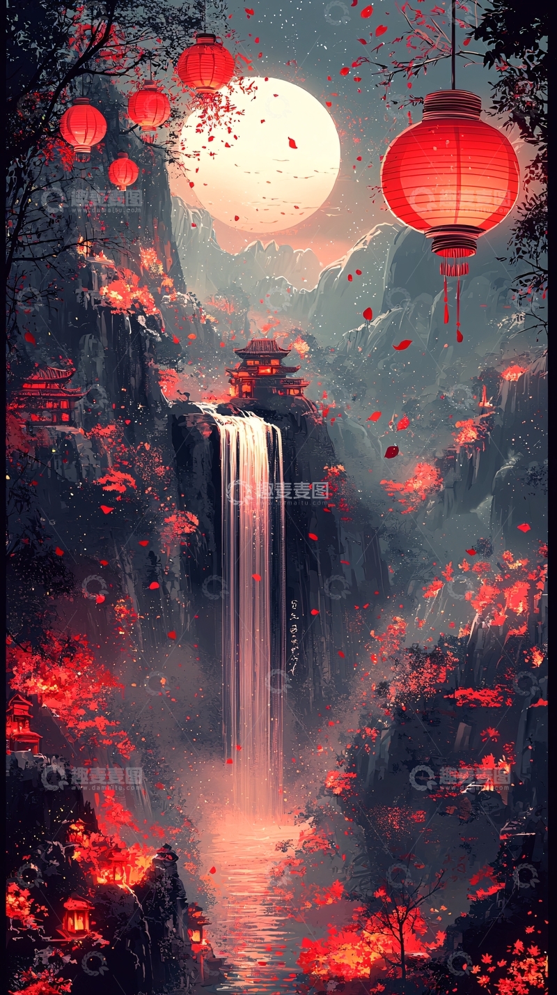 高清大图下载【趣麦麦图】红灯笼瀑布夜景