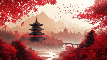 红色枫叶下的日式宝塔