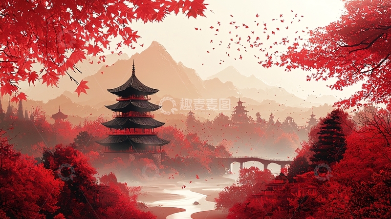 高清大图下载【趣麦麦图】红色枫叶下的日式宝塔