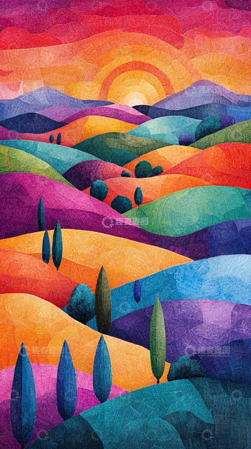 高清大图下载【趣麦麦图】彩色山丘日落风景画