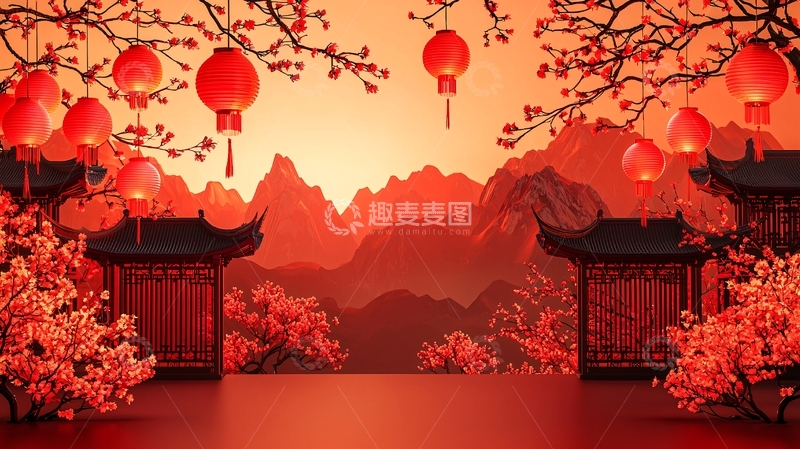 高清大图下载【趣麦麦图】红灯笼中国风背景图