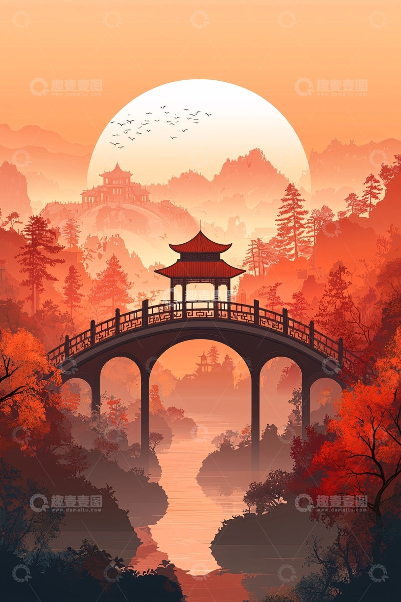 高清大图下载【趣麦麦图】日落山景中式拱桥