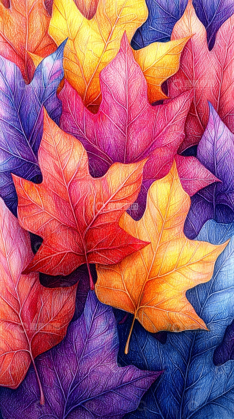 高清大图下载【趣麦麦图】彩色枫叶水彩画