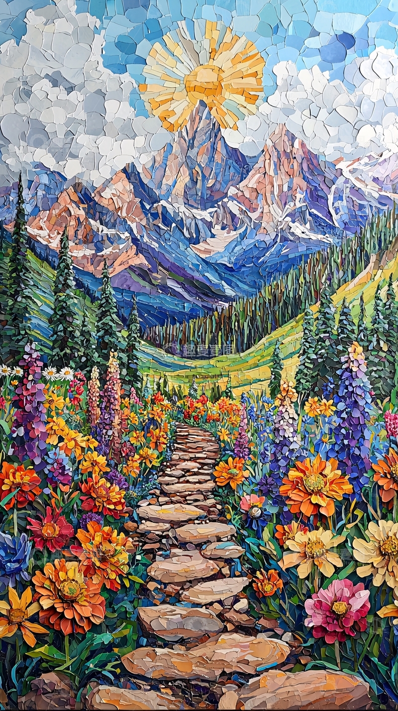 高清大图下载【趣麦麦图】阳光普照下的花海山路