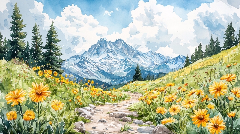 高清大图下载【趣麦麦图】水彩画山脉野花小路