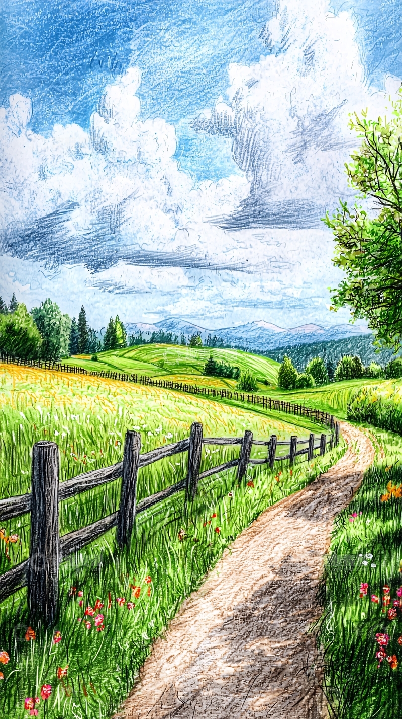 高清大图下载【趣麦麦图】彩色铅笔田园风光画