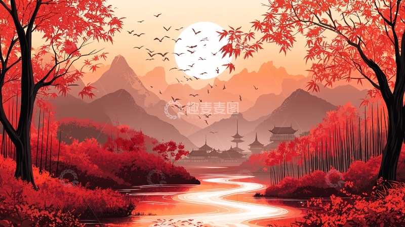 高清大图下载【趣麦麦图】红色秋景山水画