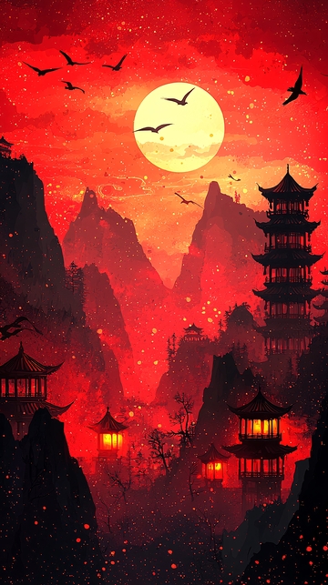 红日山峦古塔夜景