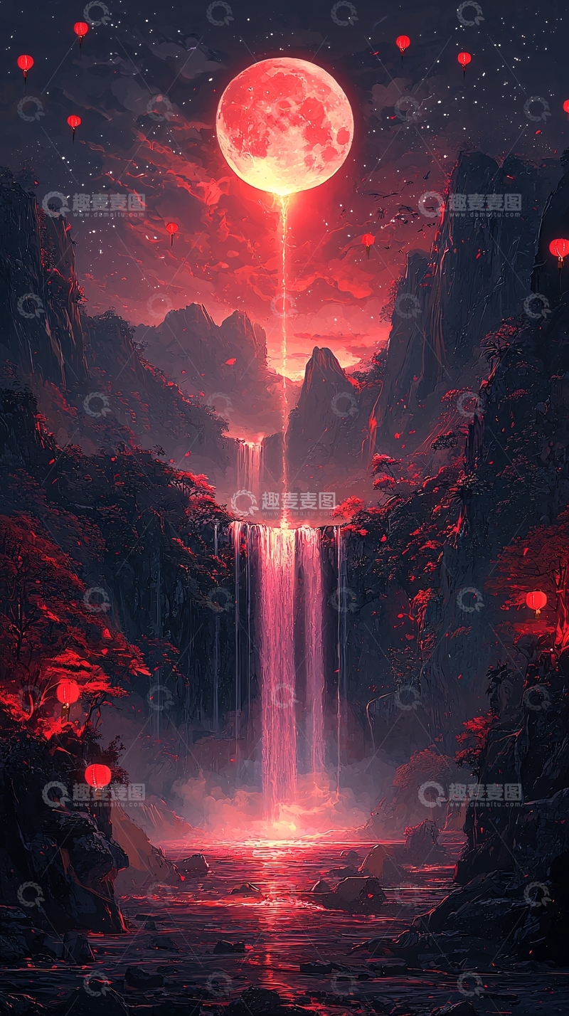 高清大图下载【趣麦麦图】血月瀑布