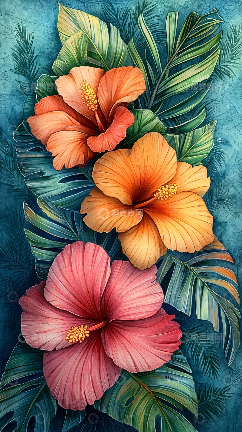 高清大图下载【趣麦麦图】热带花卉水彩画