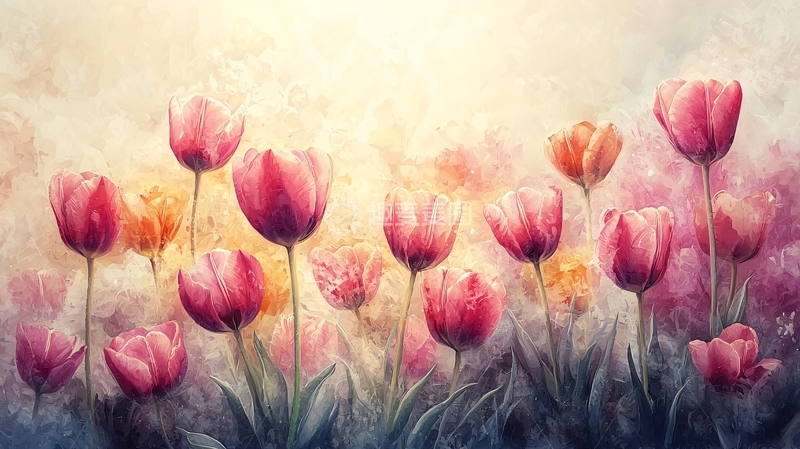 高清大图下载【趣麦麦图】水彩郁金香花田
