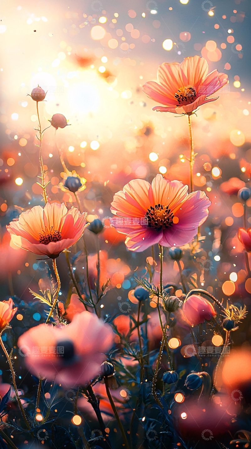 高清大图下载【趣麦麦图】夕阳下盛开的波斯菊花田
