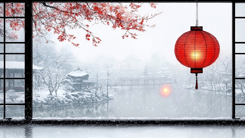 高清大图下载【趣麦麦图】雪景红灯笼日式窗棂