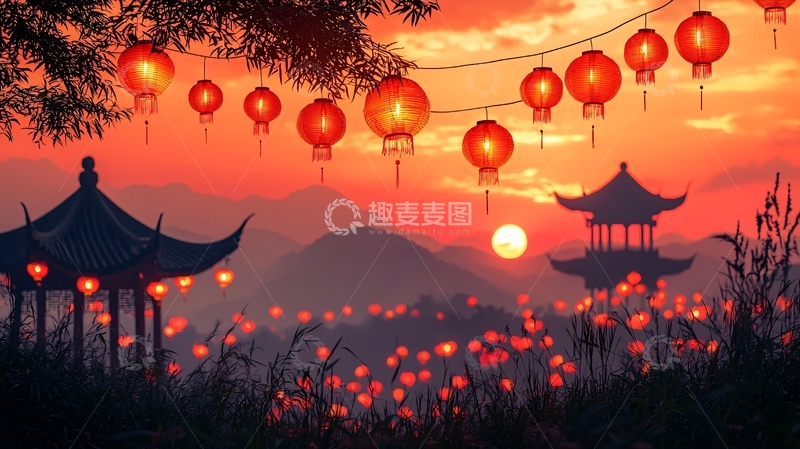 高清大图下载【趣麦麦图】日落红灯笼中式建筑