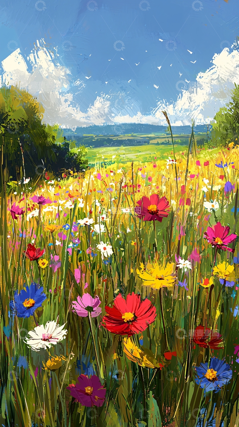 高清大图下载【趣麦麦图】彩色鲜花田园风景画