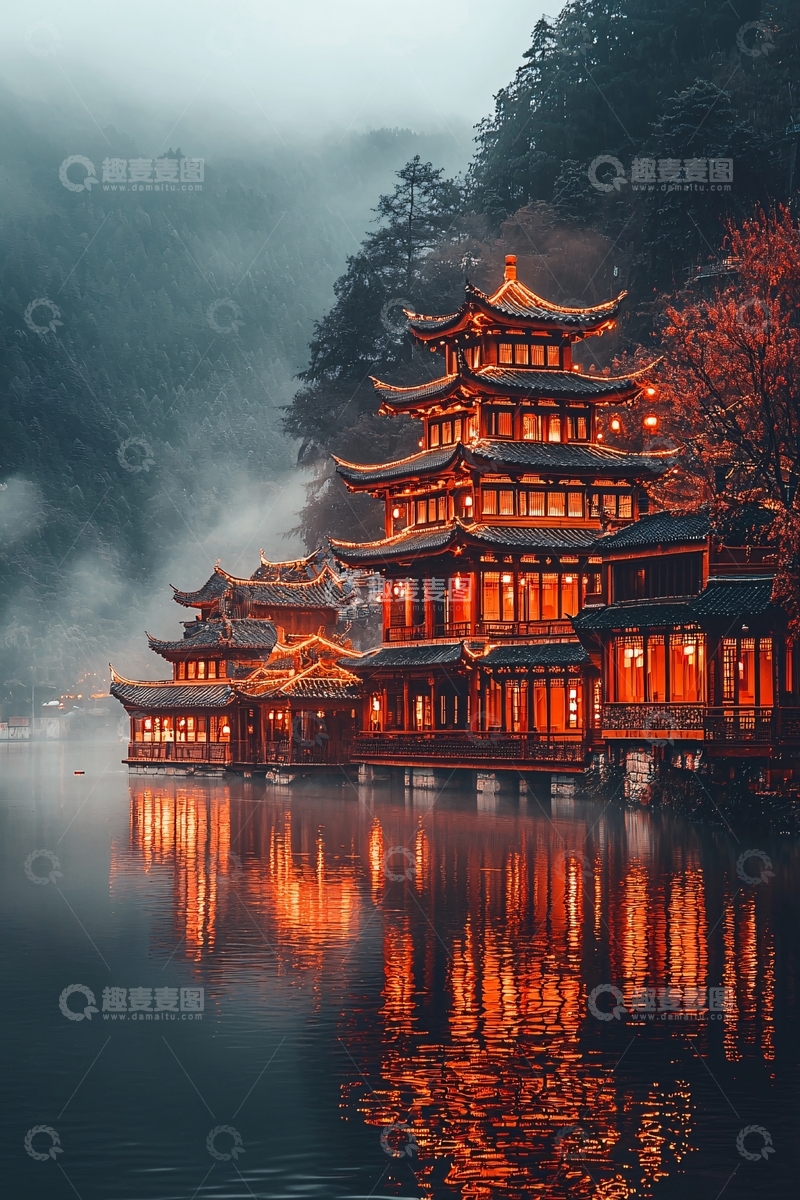 高清大图下载【趣麦麦图】古色古香的湖边夜景