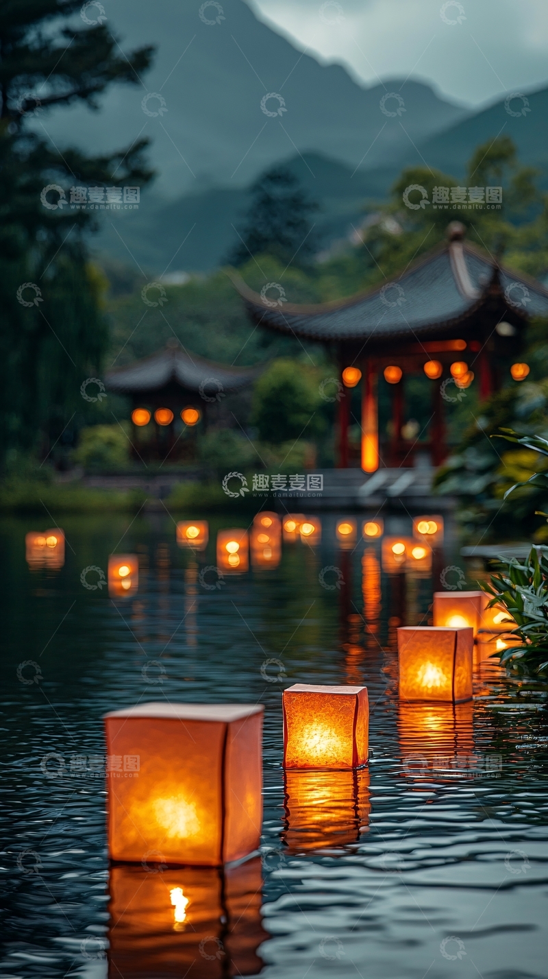 高清大图下载【趣麦麦图】湖边亭台灯笼夜景