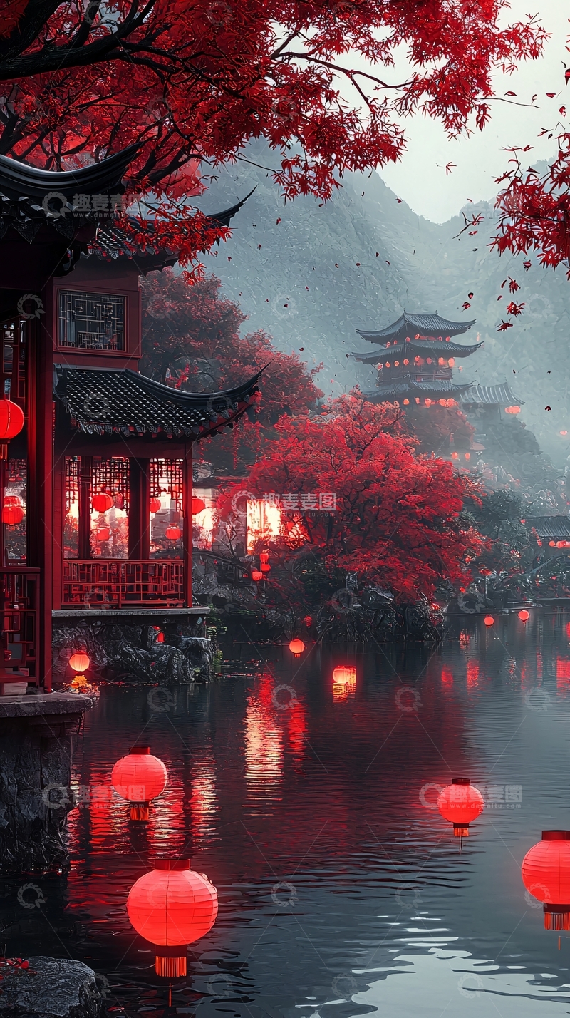 高清大图下载【趣麦麦图】红色古风建筑群在水中倒影