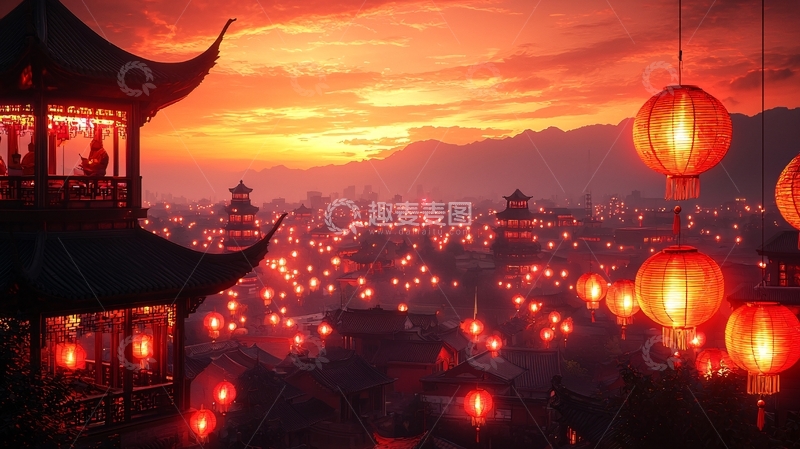 高清大图下载【趣麦麦图】红霞映照下的中国古镇