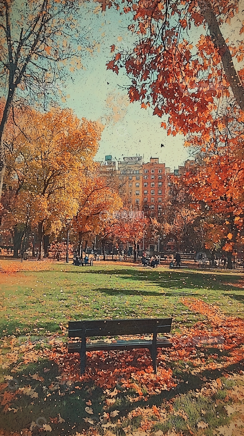 高清大图下载【趣麦麦图】秋日公园长椅落叶景色