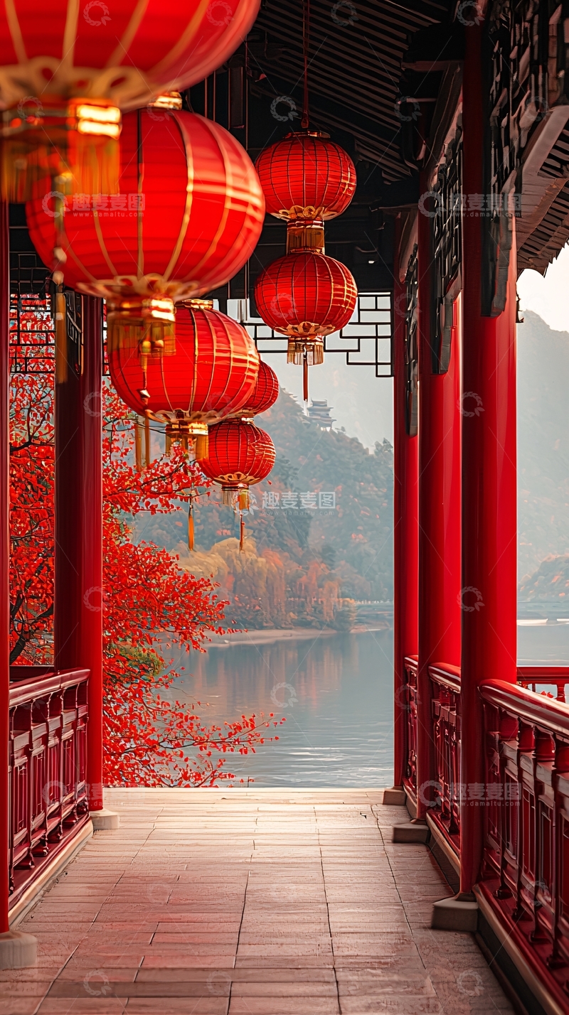 高清大图下载【趣麦麦图】红灯笼古建筑走廊
