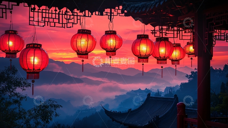 高清大图下载【趣麦麦图】红灯笼山峦日落景色