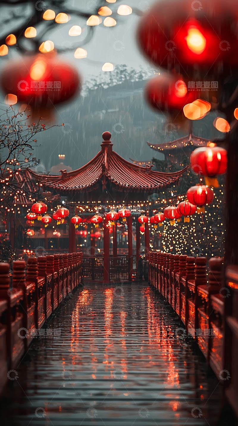 高清大图下载【趣麦麦图】雨夜红灯笼古桥