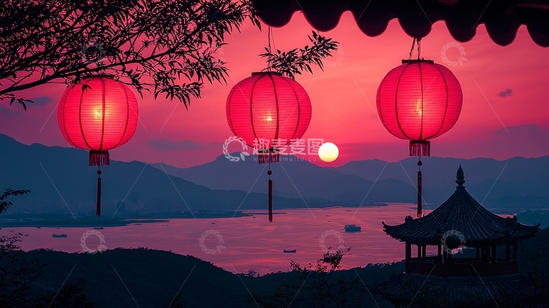 高清大图下载【趣麦麦图】落日余晖下的红灯笼
