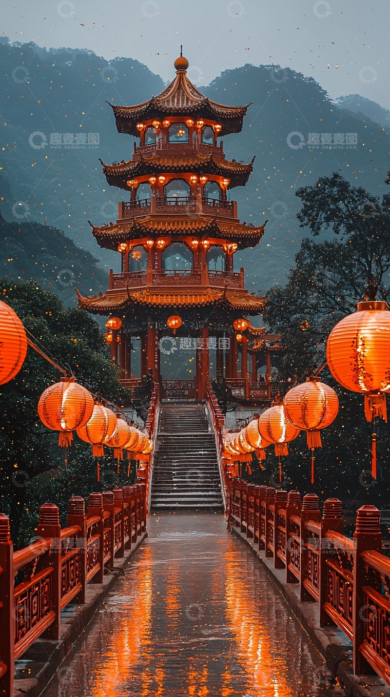 高清大图下载【趣麦麦图】雨中红灯笼古塔