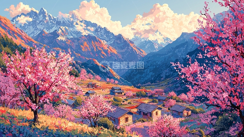 高清大图下载【趣麦麦图】雪山下的粉红色桃花村