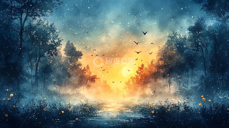 高清大图下载【趣麦麦图】梦幻森林日落