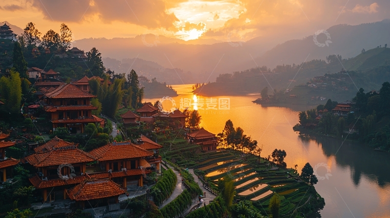 高清大图下载【趣麦麦图】日出湖边山间小镇