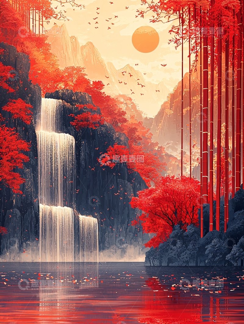 高清大图下载【趣麦麦图】红枫瀑布日出山水画