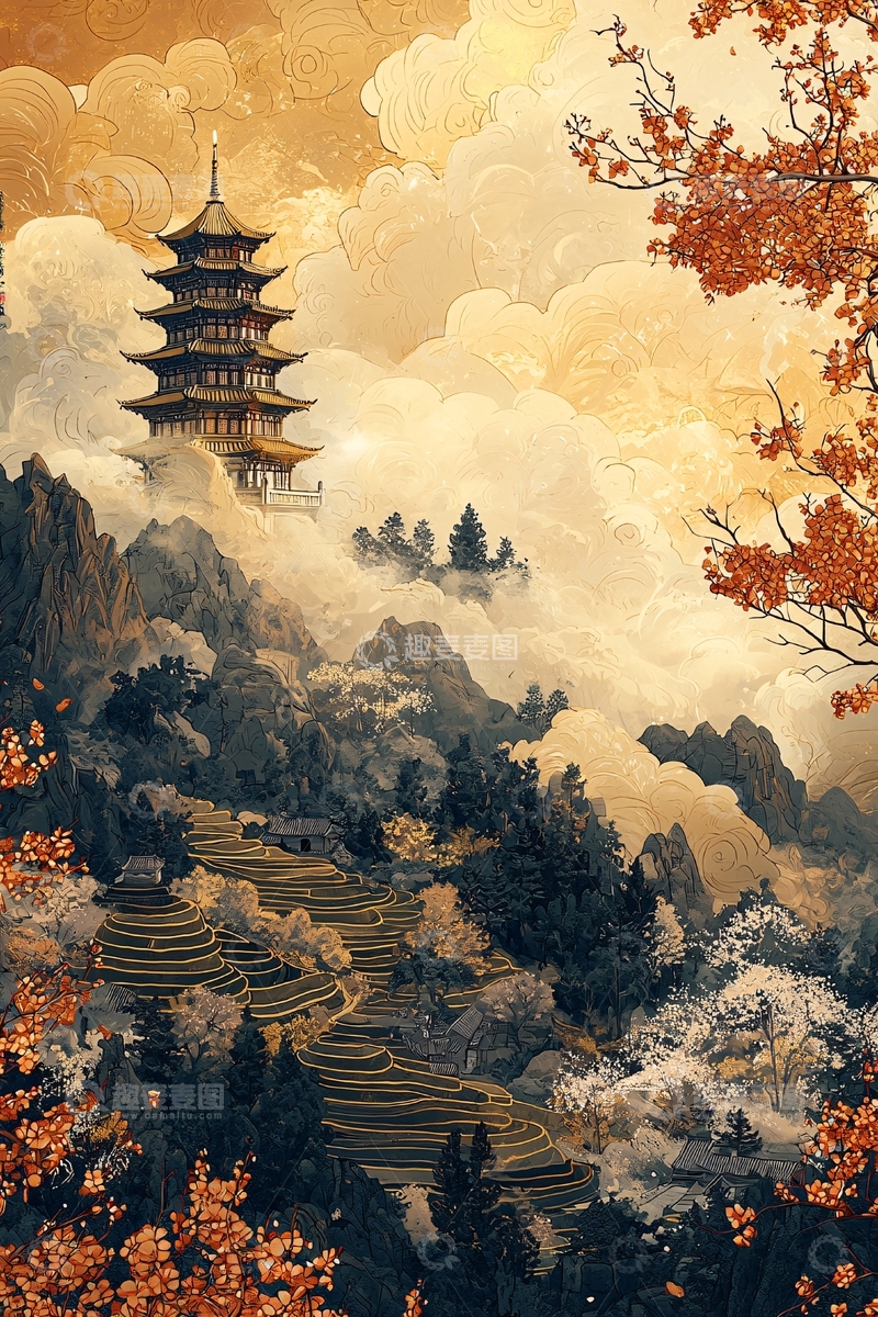 高清大图下载【趣麦麦图】云雾缭绕的金色山间寺庙