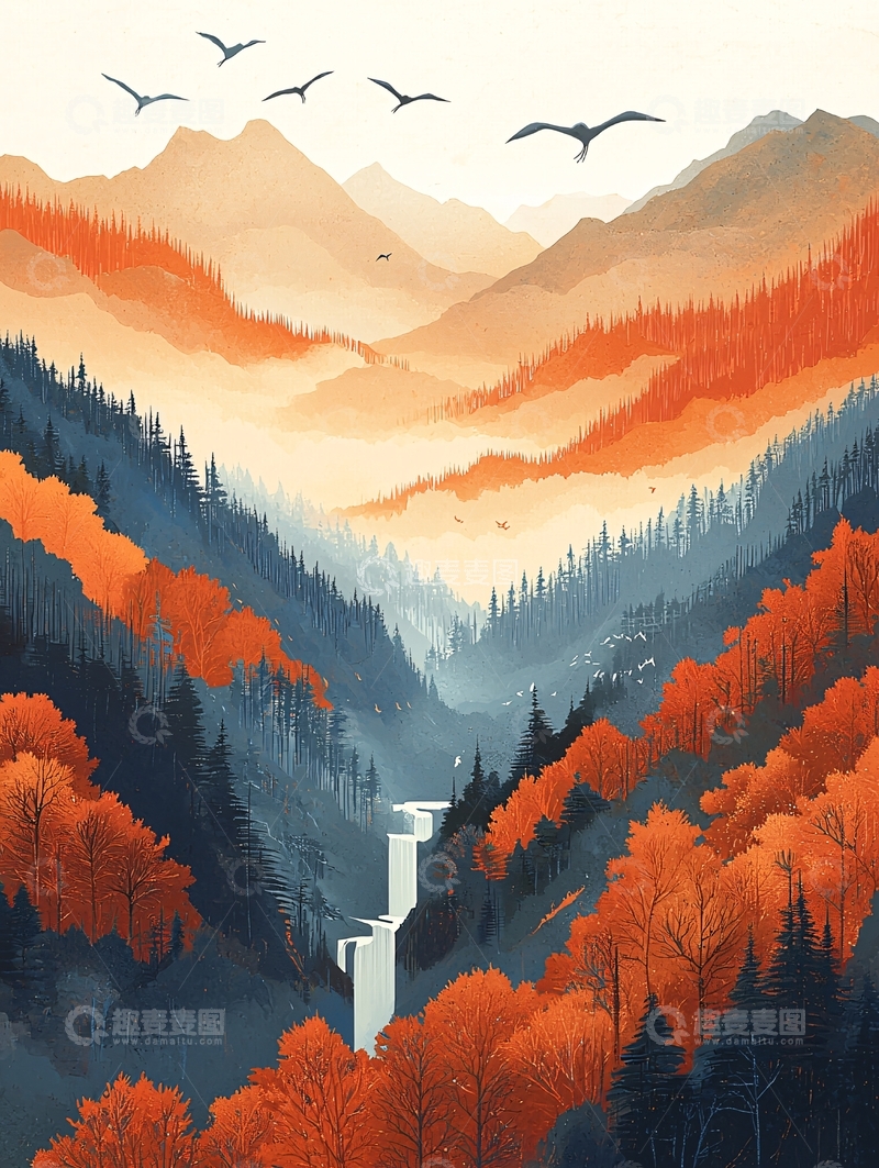 高清大图下载【趣麦麦图】秋季山谷风景画