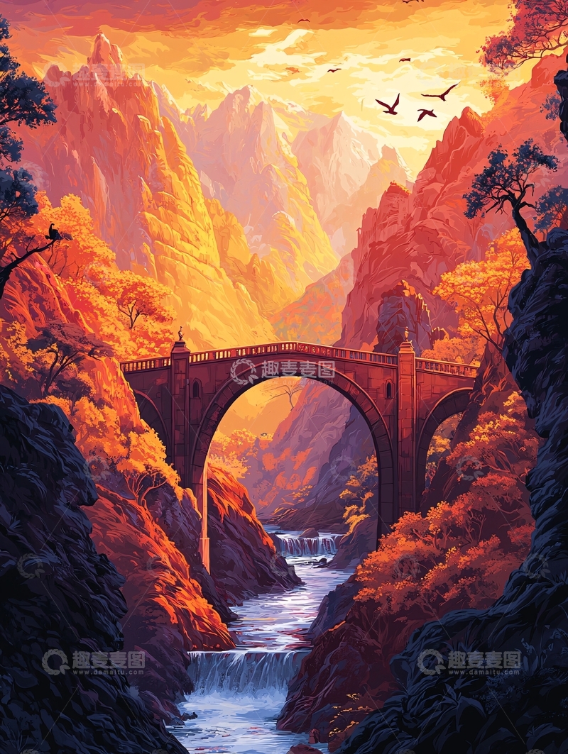 高清大图下载【趣麦麦图】山谷河流拱桥日落