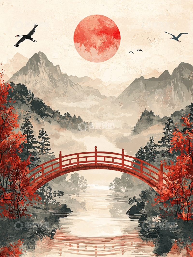 高清大图下载【趣麦麦图】红日山川水墨画桥