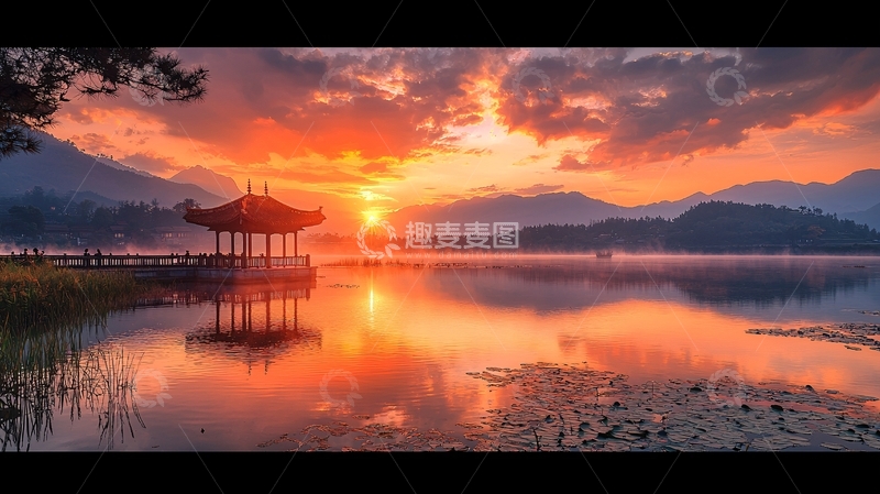 高清大图下载【趣麦麦图】日出湖光山色亭台楼阁