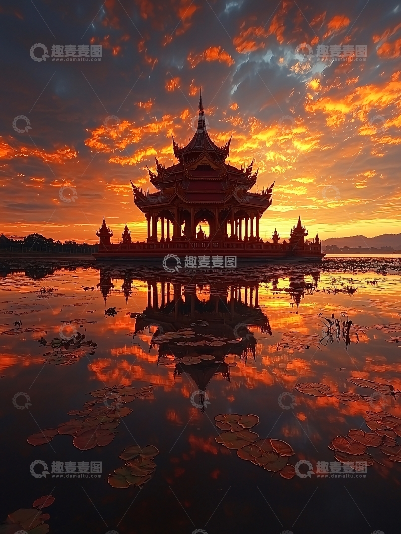 高清大图下载【趣麦麦图】落日余晖下的水上庙宇