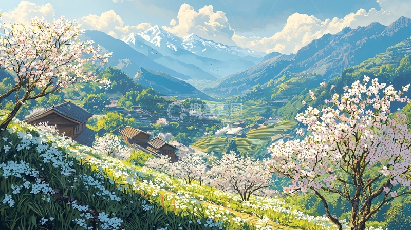 高清大图下载【趣麦麦图】阿尔卑斯山杏花村庄