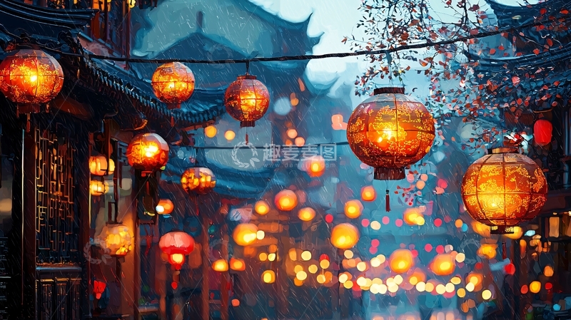 高清大图下载【趣麦麦图】雨夜古镇红灯笼