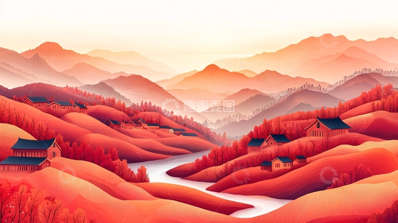高清大图下载【趣麦麦图】红枫山谷村庄日出