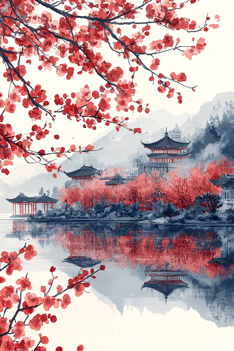 高清大图下载【趣麦麦图】水墨风红色花朵和亭台楼阁