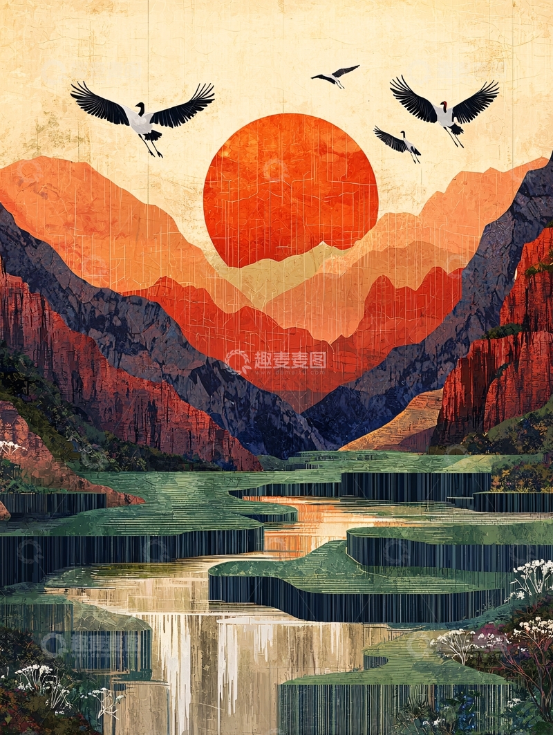 高清大图下载【趣麦麦图】日出山川丹顶鹤
