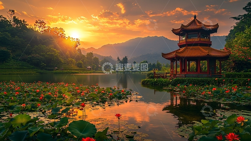高清大图下载【趣麦麦图】日落湖边中国亭台