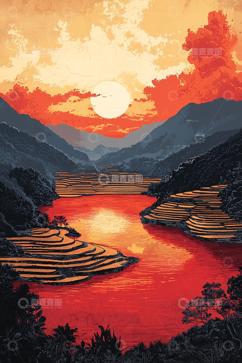 高清大图下载【趣麦麦图】红色夕阳下的梯田