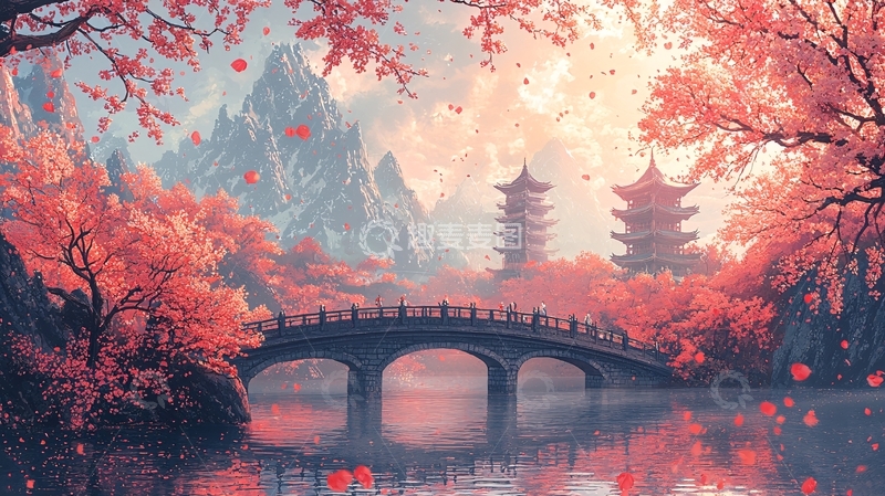 高清大图下载【趣麦麦图】唯美意境樱花古桥