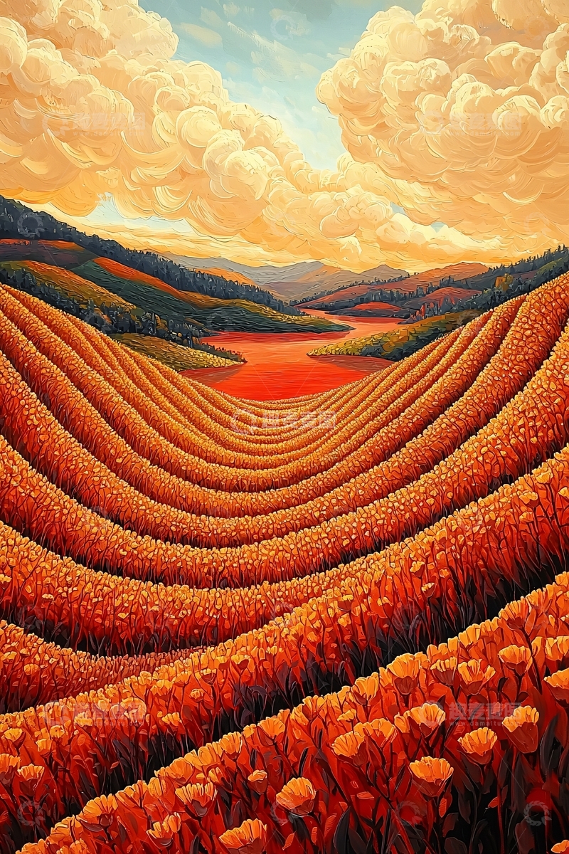 高清大图下载【趣麦麦图】橘色花田山峦景色