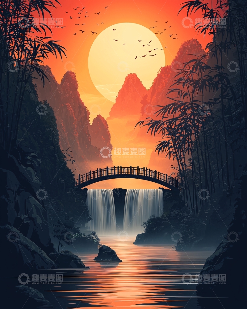 高清大图下载【趣麦麦图】日落山水桥瀑布