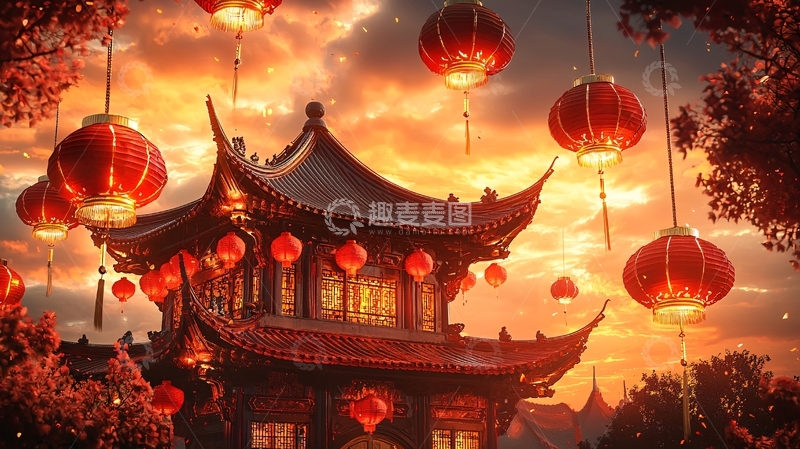 高清大图下载【趣麦麦图】红灯笼古建筑夕阳景色